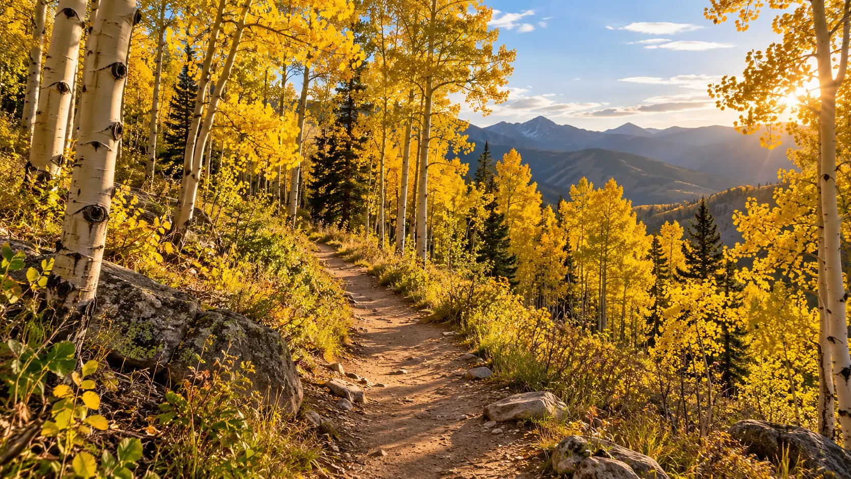 A winding hiking trail through golden aspen trees with mountains in the distance