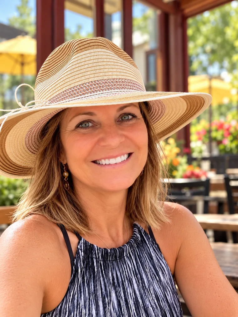Jill smiling in a wide-brimmed straw hat at a sunlit café