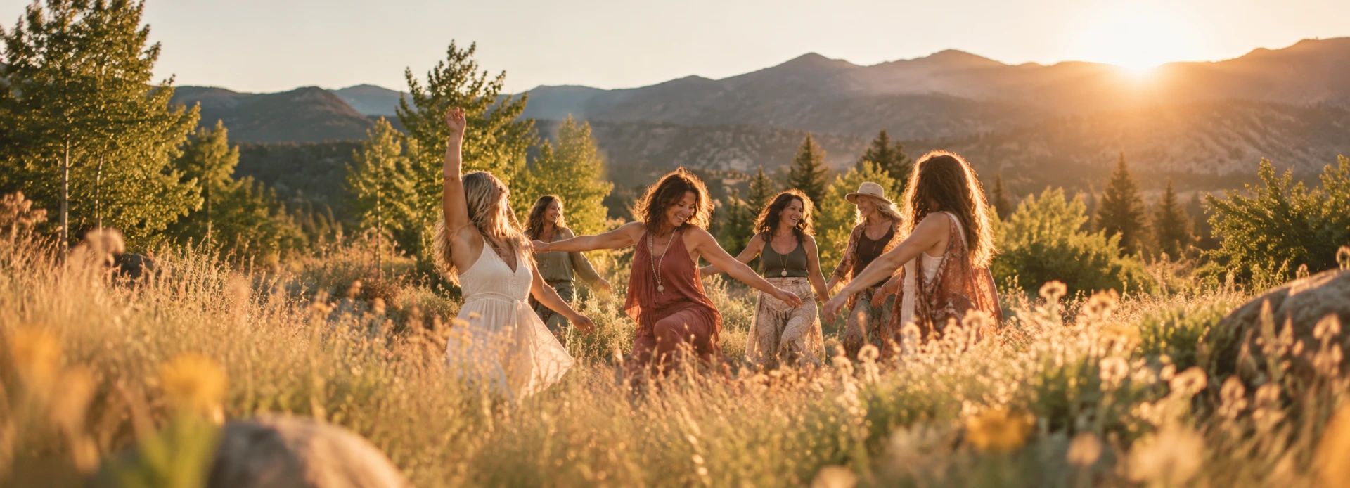 A group of women dancing together in a sunlit mountain meadow